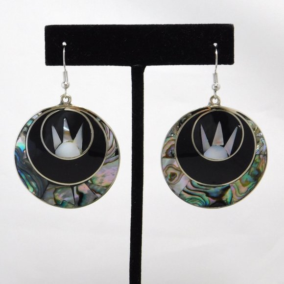 SOLD----Vintage Mexican Earrings MOP Abalone Shell Alpaca Silver Black Enamel - Picture 1 of 4